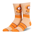 Light beige crew socks featuring Kenny in his orange parka above the text 'Fuck yeah.', accented with bold orange stripes.