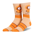 Light beige crew socks featuring Kenny in his orange parka above the text 'Fuck yeah.', accented with bold orange stripes.