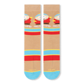 Flat lay view of tan crew socks showing the repeating Cartman pattern, Hey broship text, and horizontal red and blue stripes.