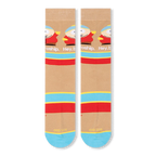 Flat lay view of tan crew socks showing the repeating Cartman pattern, Hey broship text, and horizontal red and blue stripes.