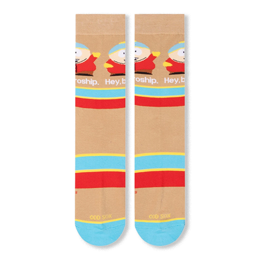 Flat lay view of tan crew socks showing the repeating Cartman pattern, Hey broship text, and horizontal red and blue stripes.