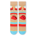 Back view of tan socks laid flat showing solid red heels, horizontal stripes, Cartman pattern, and red copyright text.
