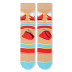 Back view of tan socks laid flat showing solid red heels, horizontal stripes, Cartman pattern, and red copyright text.
