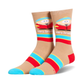 Tan crew socks featuring Eric Cartman, 'Hey, broship' text, and bold blue and red horizontal stripes.
