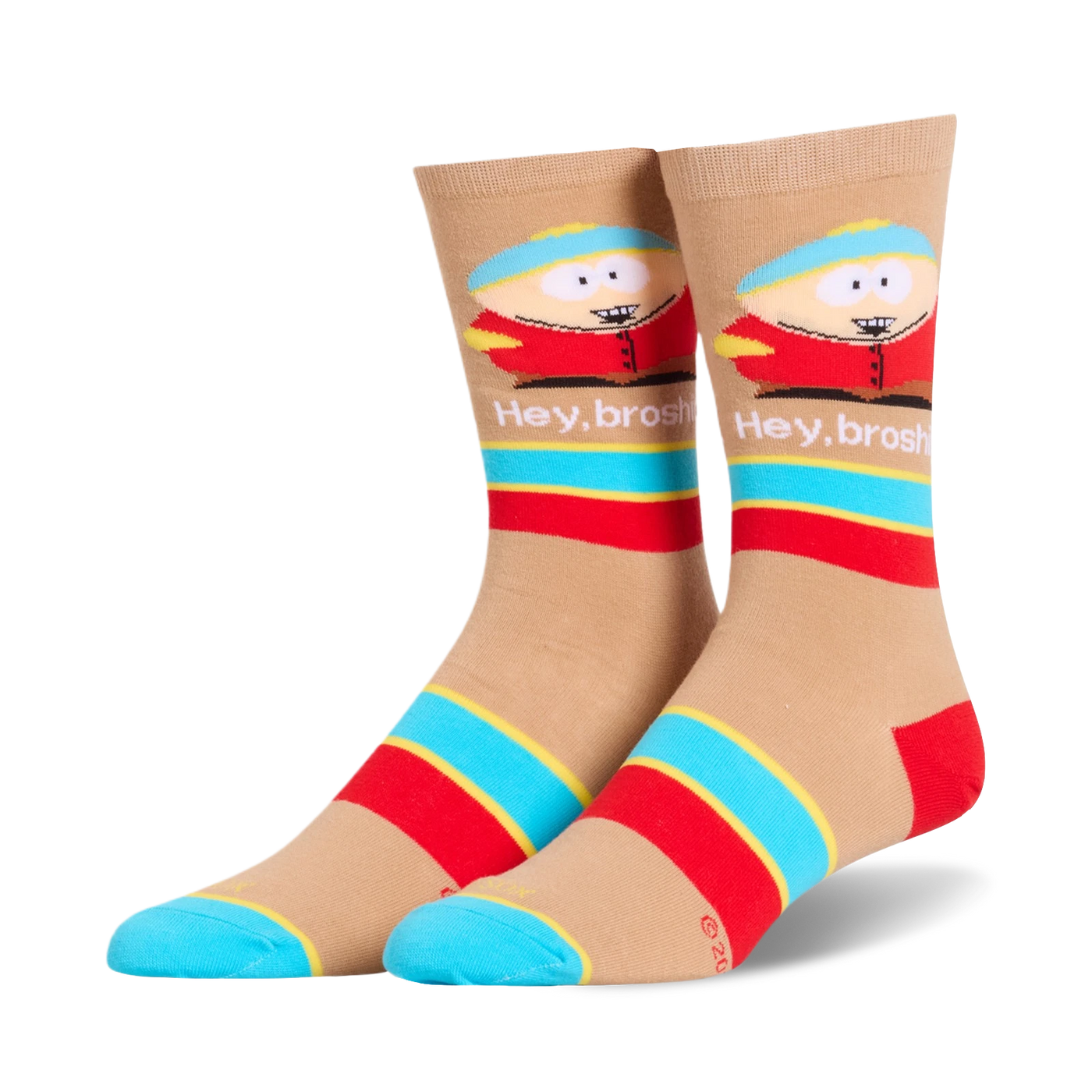 Tan crew socks featuring Eric Cartman, 'Hey, broship' text, and bold blue and red horizontal stripes.