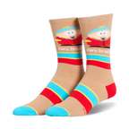Tan crew socks featuring Eric Cartman, 'Hey, broship' text, and bold blue and red horizontal stripes.