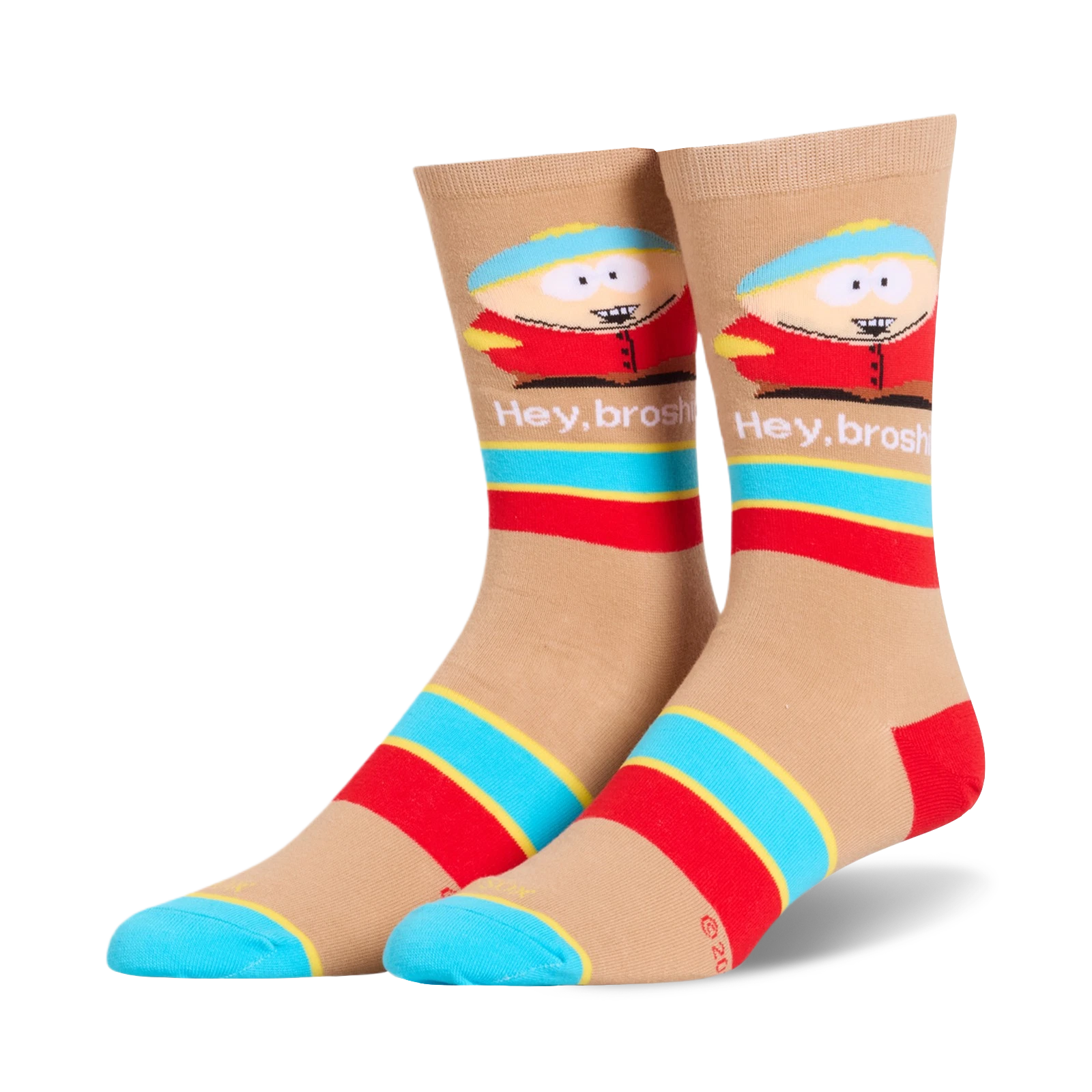 Tan crew socks featuring Eric Cartman, 'Hey, broship' text, and bold blue and red horizontal stripes.