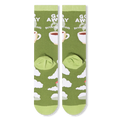 Flat lay of the back of two olive green socks displaying fluffy white clouds and a steaming coffee cup.