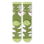 Flat lay of the back of two olive green socks displaying fluffy white clouds and a steaming coffee cup.