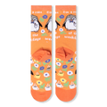 Back flat lay of orange socks revealing the heel pocket and a continued pattern of steaming coffee mugs and colorful flowers.