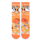 Back flat lay of orange socks revealing the heel pocket and a continued pattern of steaming coffee mugs and colorful flowers.