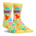 Side angle view of yellow crew socks with a colorful splash pattern in bright neon colors and the black Gushers logo.