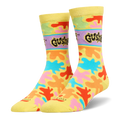 Yellow crew socks featuring bright orange, pink, blue, and green splatters, plus a purple band with the black Gushers logo.