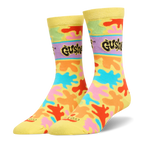 Yellow crew socks featuring bright orange, pink, blue, and green splatters, plus a purple band with the black Gushers logo.