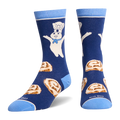 Front and side view of dark blue socks showing cinnamon rolls on the instep and Odd Sox text near the light blue toe seam.