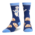 Front and side view of dark blue socks showing cinnamon rolls on the instep and Odd Sox text near the light blue toe seam.