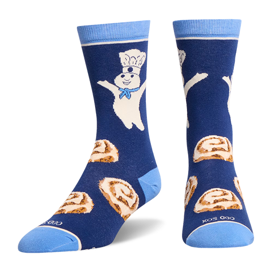 Front and side view of dark blue socks showing cinnamon rolls on the instep and Odd Sox text near the light blue toe seam.