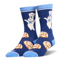 Dark blue crew socks featuring the Pillsbury Doughboy on the leg, cinnamon rolls on the foot, and light blue accents.