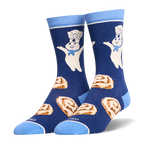 Dark blue crew socks featuring the Pillsbury Doughboy on the leg, cinnamon rolls on the foot, and light blue accents.