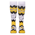 Front view of tall yellow and white Peanuts socks showing the black zigzag stripe, Snoopy, Woodstock, and Peanuts text.