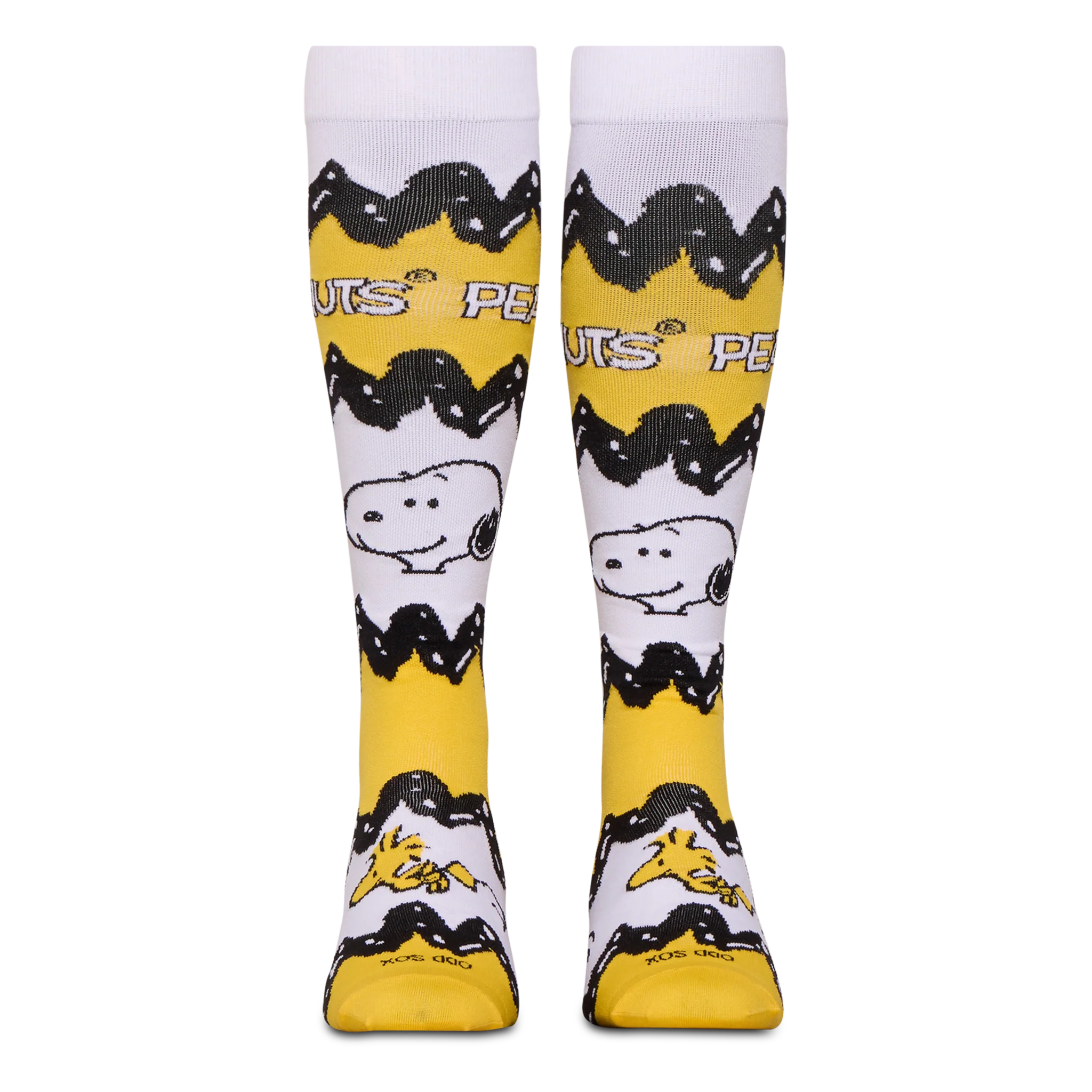 Front view of tall yellow and white Peanuts socks showing the black zigzag stripe, Snoopy, Woodstock, and Peanuts text.