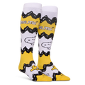 Left angled view of Peanuts socks displaying the wrapping yellow and black zigzag pattern with Snoopy on a white background.