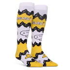 Left angled view of Peanuts socks displaying the wrapping yellow and black zigzag pattern with Snoopy on a white background.