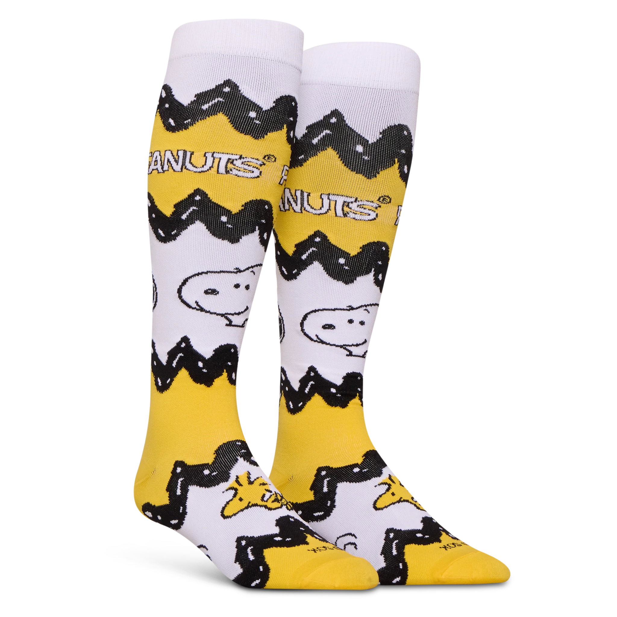 Left angled view of Peanuts socks displaying the wrapping yellow and black zigzag pattern with Snoopy on a white background.