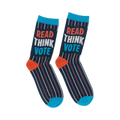 Pair of navy blue crew socks with orange and white stripes and the words 'Read Think Vote' in bold lettering.