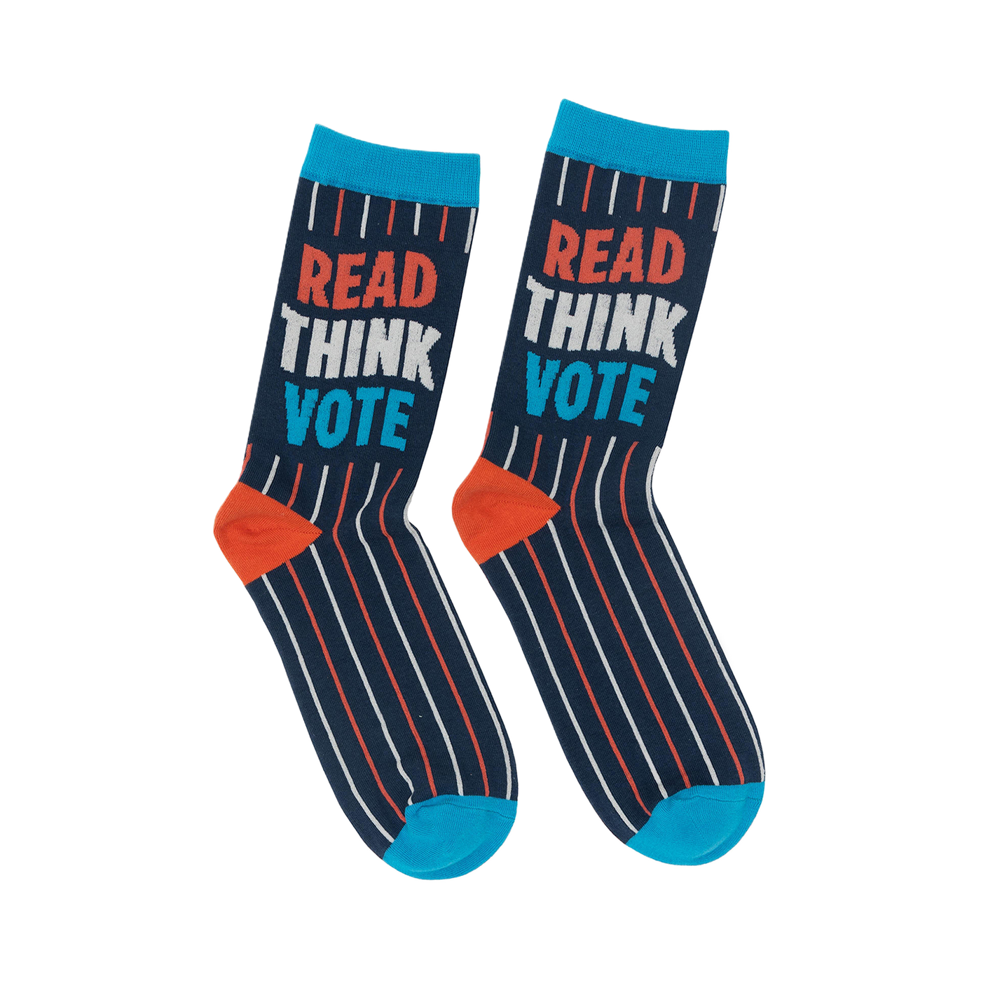 Pair of navy blue crew socks with orange and white stripes and the words 'Read Think Vote' in bold lettering.