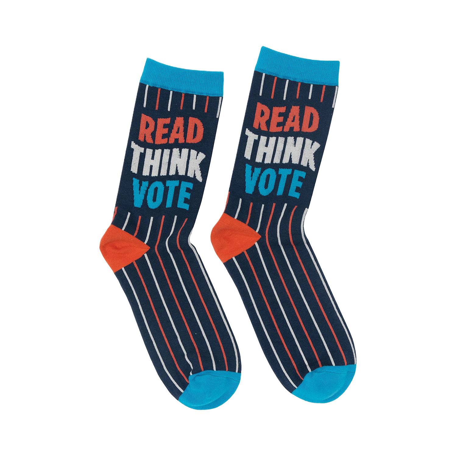 Pair of navy blue crew socks with orange and white stripes and the words 'Read Think Vote' in bold lettering.