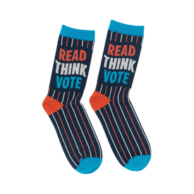 a pair of navy blue adult socks with white stripes and the words 'read think vote' in red, white, and blue.