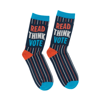 a pair of navy blue adult socks with white stripes and the words 'read think vote' in red, white, and blue.