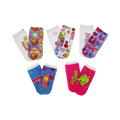 Five pairs of Shopkins ankle socks. Designs include Kooky Cookie, Shopkins characters in a colorful collage, Little Cupcake, Pretty Princess, and Apple Blossom. Bright colors and fun graphics.