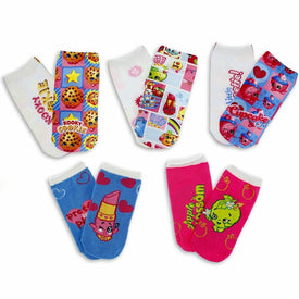 shopkins ankle-length kids' novelty white background 5-pack of shopkins ankle-length character printed kids' cotton fun sock features cute, playful small multi-colored characters on white. fun as a gift.  