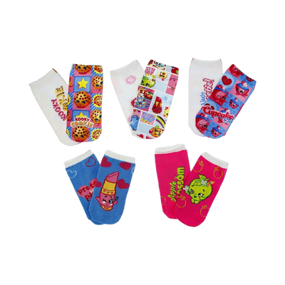 Five pairs of Shopkins ankle socks. Designs include Kooky Cookie, Shopkins characters in a colorful collage, Little Cupcake, Pretty Princess, and Apple Blossom. Bright colors and fun graphics.