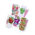 Five pairs of white crew socks with colorful Shopkins character designs. Features strawberries, apples, and other Shopkins.