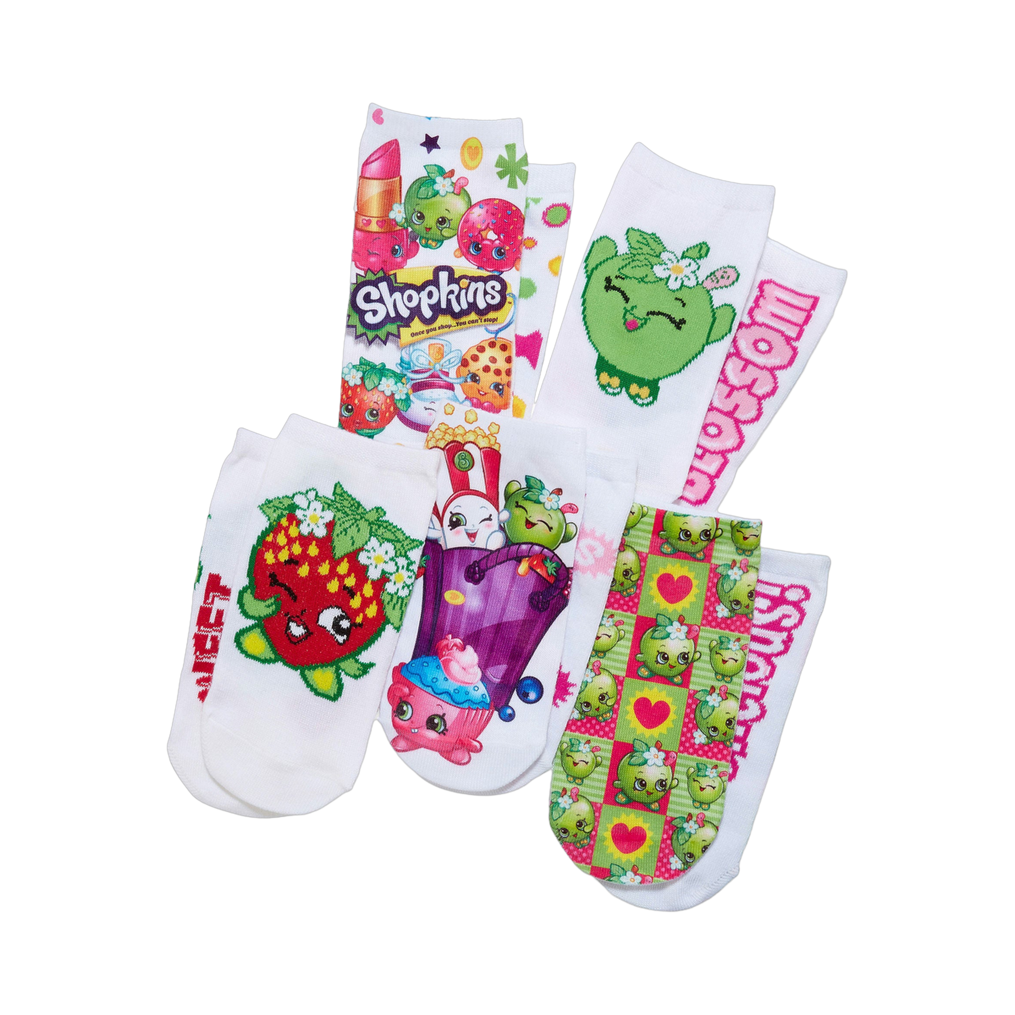 Five pairs of white crew socks with colorful Shopkins character designs. Features strawberries, apples, and other Shopkins.