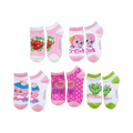 Five pairs of Shopkins ankle socks. Pink, white, and green socks with images of Shopkins characters like Strawberry Kiss and D'lish Donut.