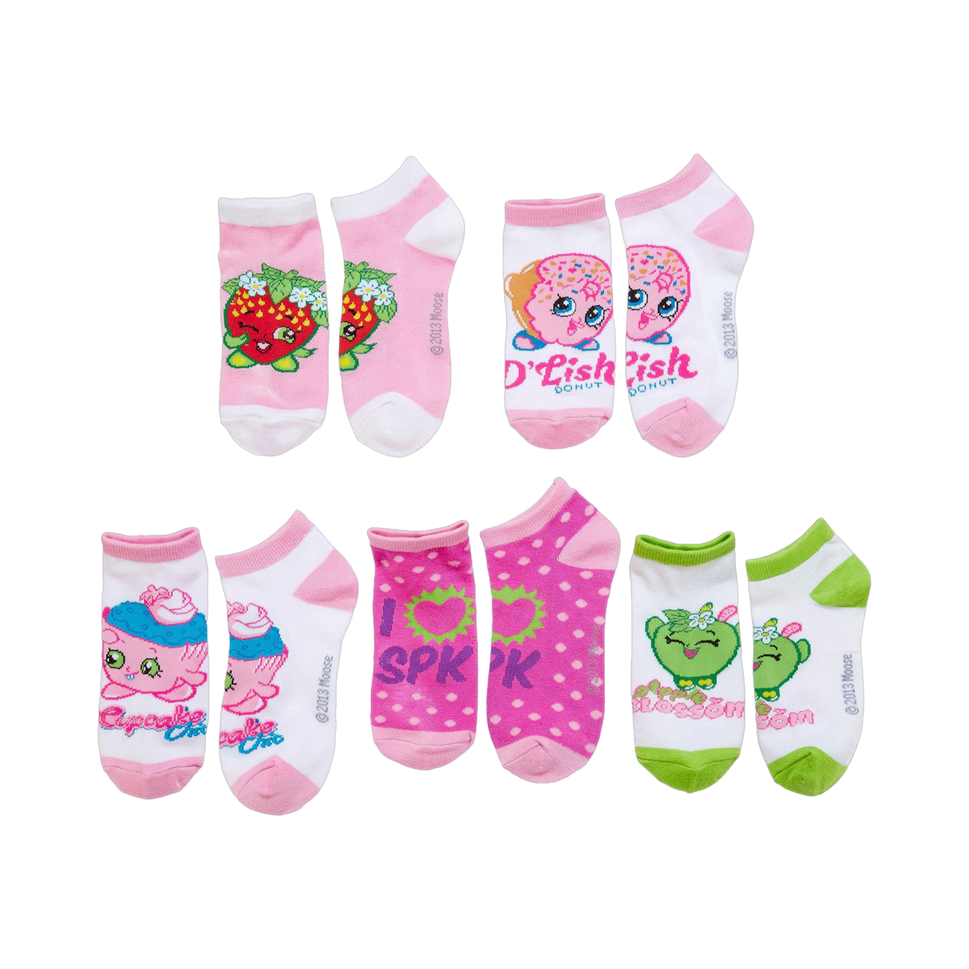 Five pairs of Shopkins ankle socks. Pink, white, and green socks with images of Shopkins characters like Strawberry Kiss and D'lish Donut.