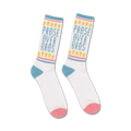 Pair of white crew socks with 'Prose Over Bros' in blue text, accented with yellow stars and pastel pink and blue stripes.