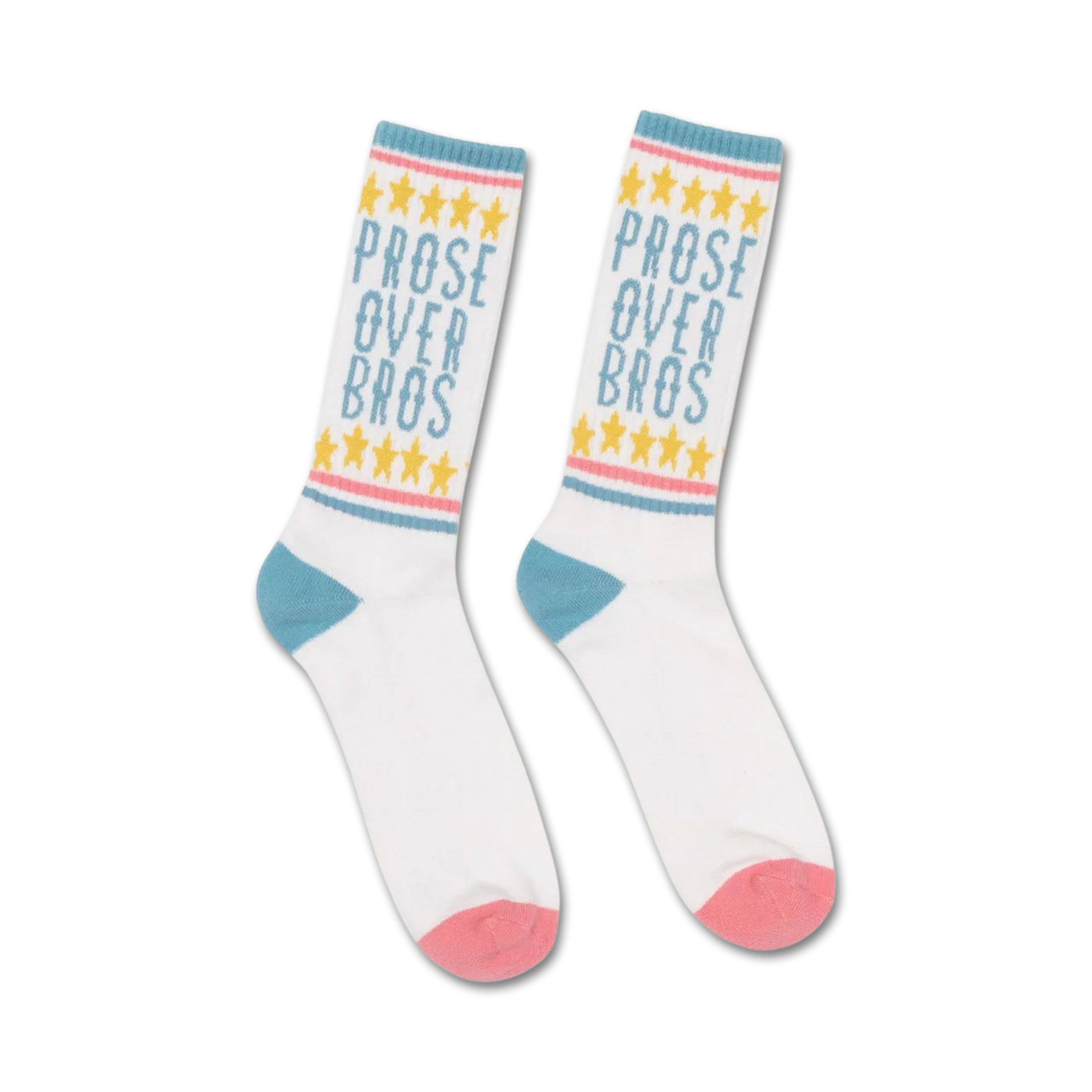 Pair of white crew socks with 'Prose Over Bros' in blue text, accented with yellow stars and pastel pink and blue stripes.