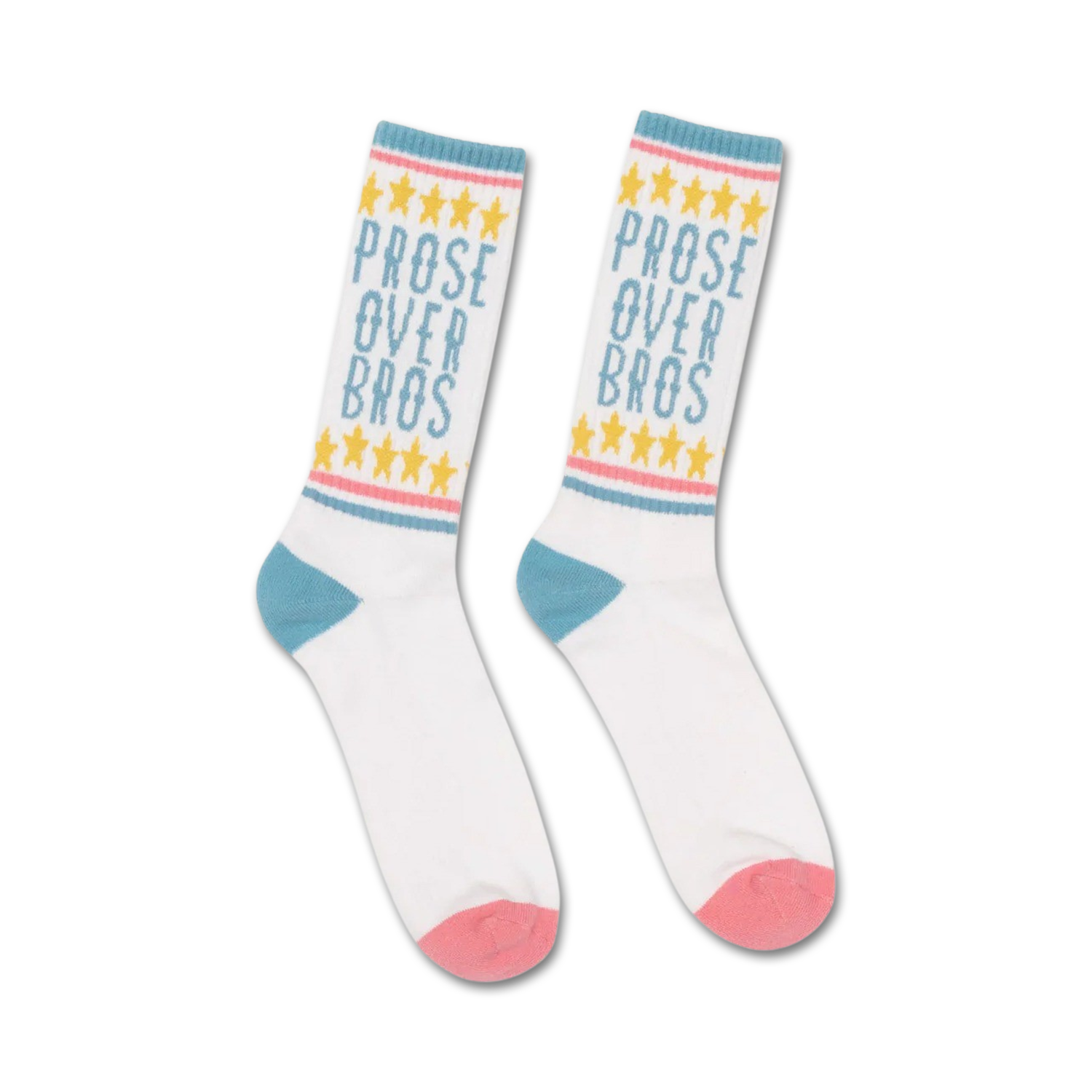 Pair of white crew socks with 'Prose Over Bros' in blue text, accented with yellow stars and pastel pink and blue stripes.