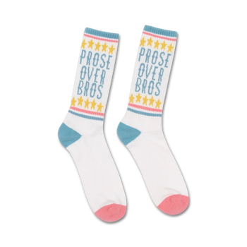 white crew socks with yellow and pink "prose over bros" text and stars, blue and pink stripes, pink toe and heel.  