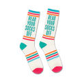 Pair of white crew socks with teal, orange, and pink stripes and the text 'Read Your Socks Off'.