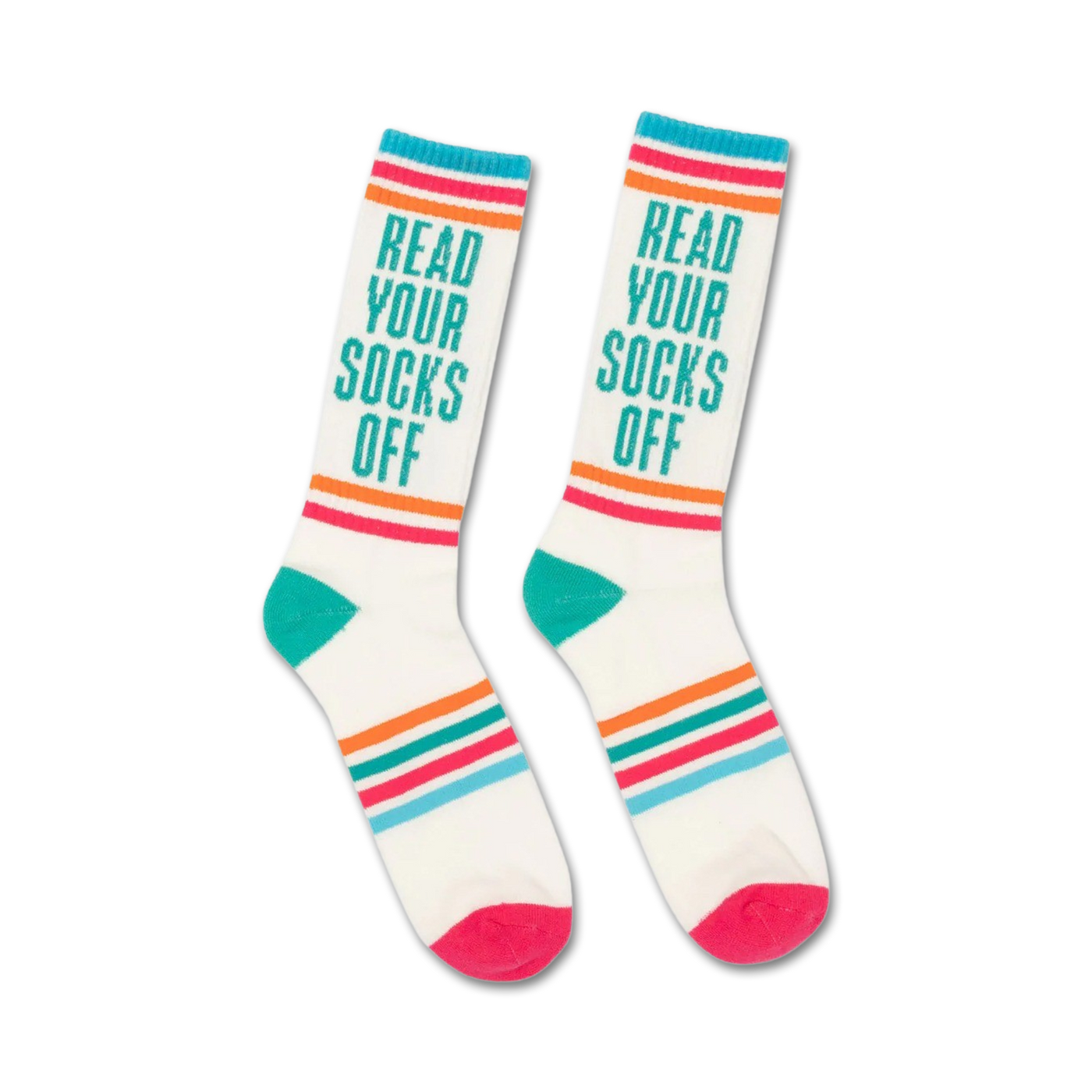 Pair of white crew socks with teal, orange, and pink stripes and the text 'Read Your Socks Off'.