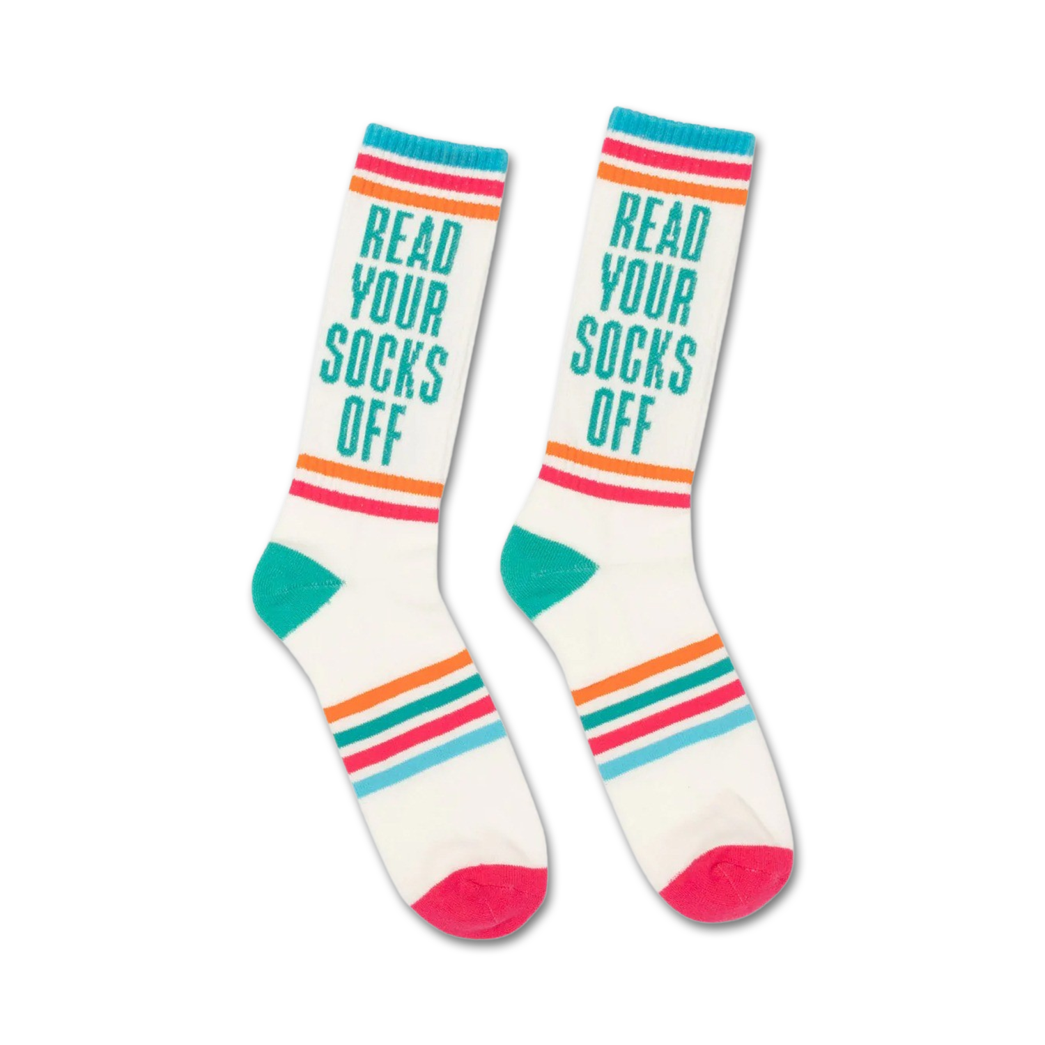 Pair of white crew socks with teal, orange, and pink stripes and the text 'Read Your Socks Off'.