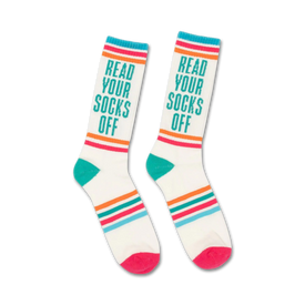read your socks off art & literature themed mens & womens unisex white novelty crew socks