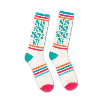 white, blue, orange, and green striped crew socks with the words 'read your socks off' printed on them.  