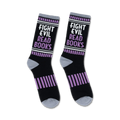 Pair of black crew socks with purple stripes and the text 'Fight Evil, Read Books'.